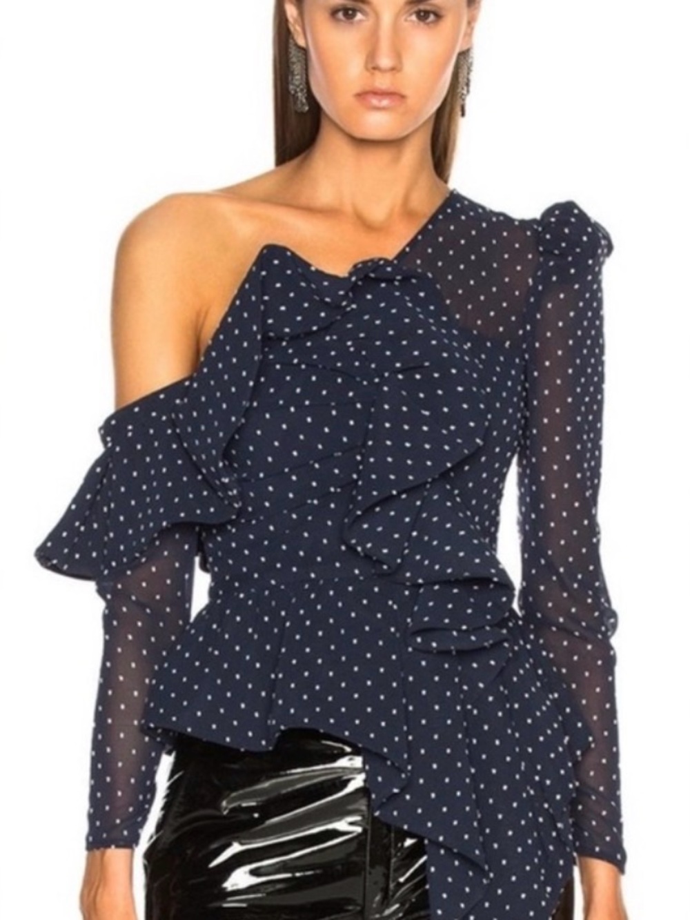 Self-Portrait Navy and White Polka Dot Asymmetric One-Shoulder Ruffle Top